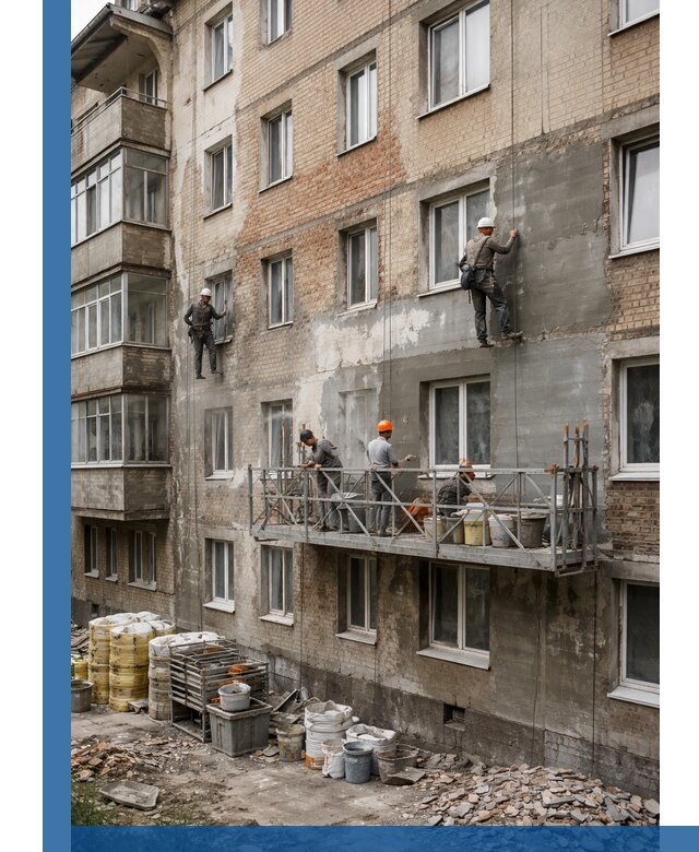 Капитальный ремонт фасада в Сосногорске с восстановлением и гидроизоляцией