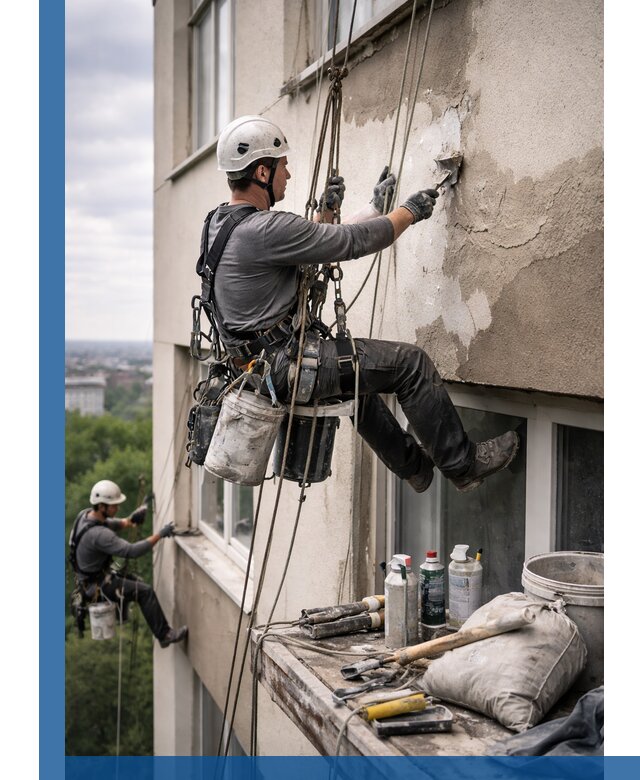 Косметический ремонт фасада зданий в Сосногорске промышленными альпинистами