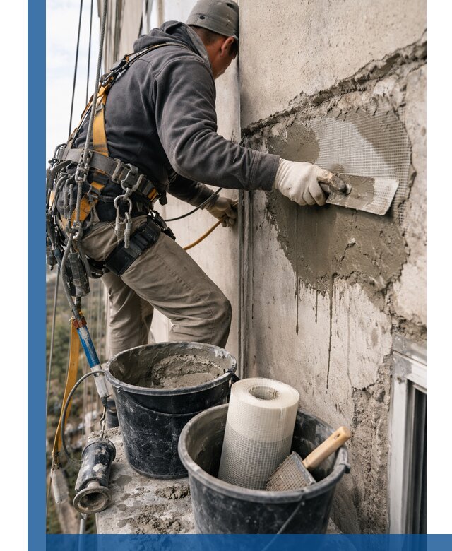 Ремонт бетонных элементов фасада промышленными альпинистами в Сосногорске