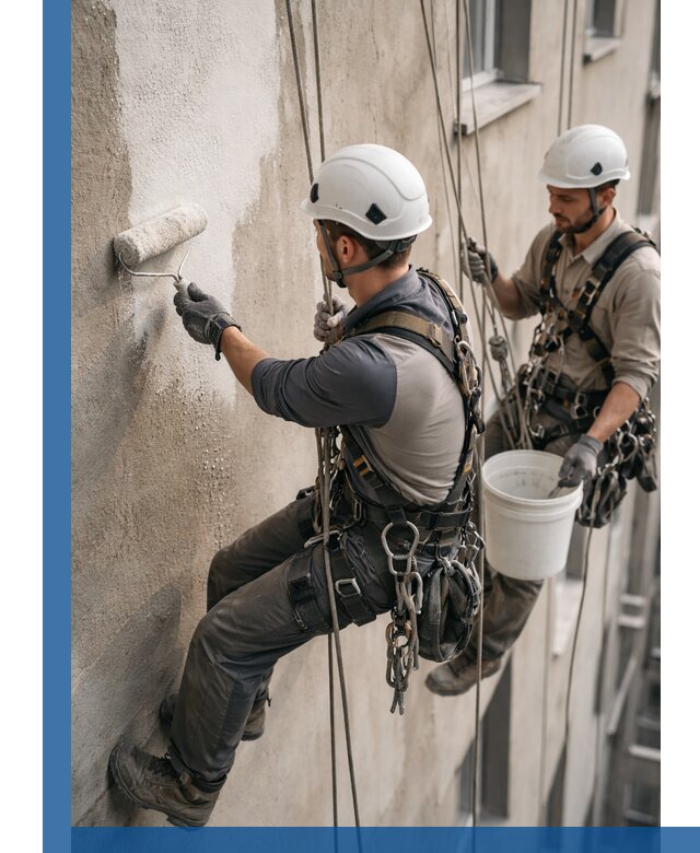 Грунтовка фасада на высоте в Сосногорске промышленными альпинистами