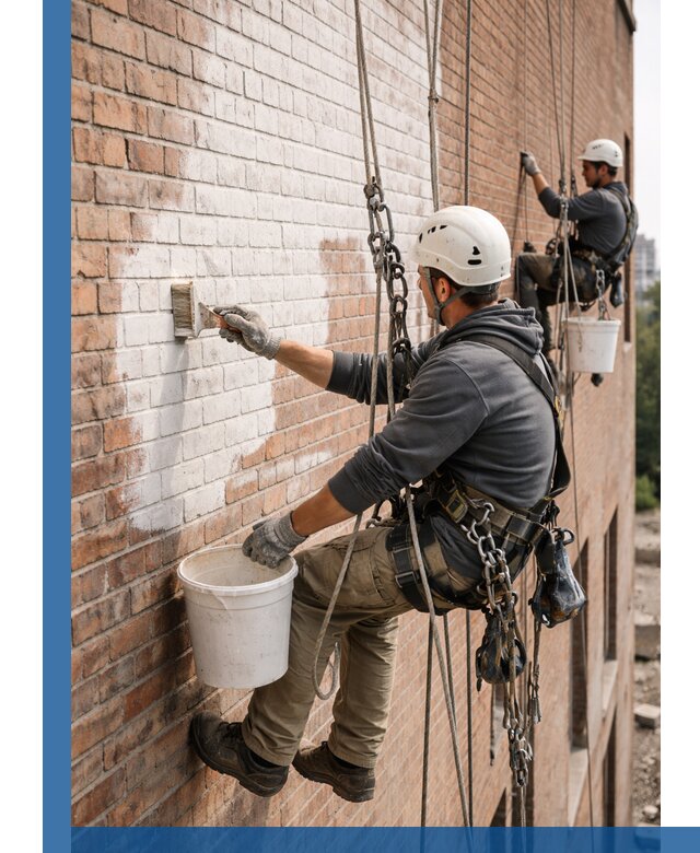 Покраска кирпичного фасада с доступным альпинистским сервисом в Сосногорске