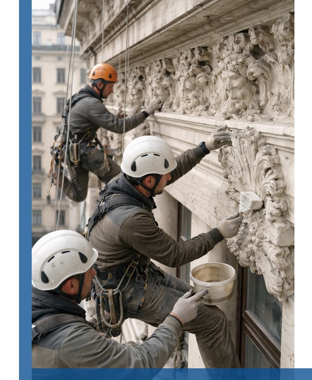 Реставрация фасадной лепнины с высотными работами в Сосногорске