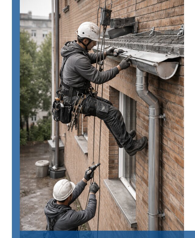 Монтаж водосточной системы на здании в Сосногорске под ключ