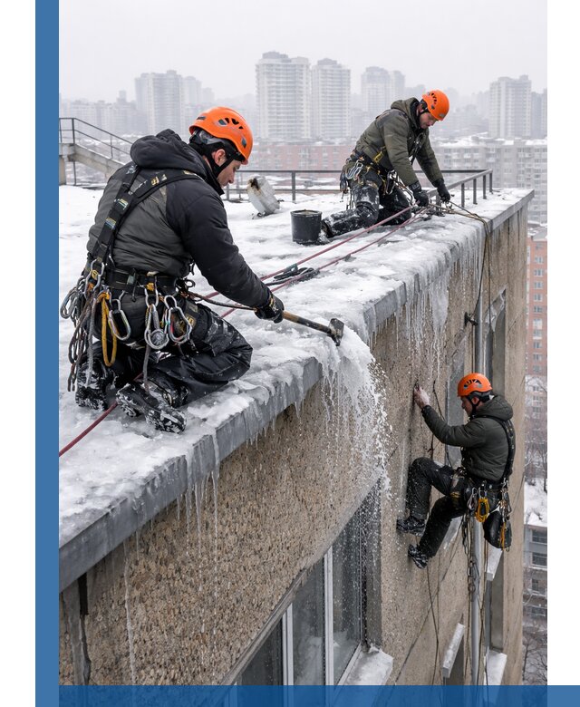 Удаление наледи с кровли в Сосногорске промышленными альпинистами