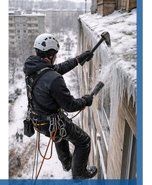 Сбивание сосулек с крыши в Сосногорске по цене от 4642 р. | ВЫСОТНИК-Сно