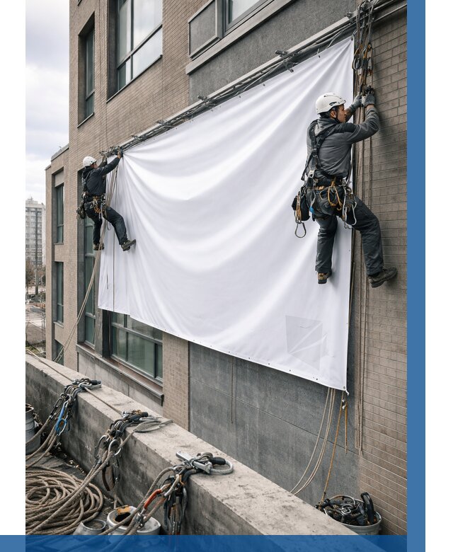 Монтаж баннеров на фасаде в Сосногорске от 671 р. заказать ВЫСОТНИК-Сно