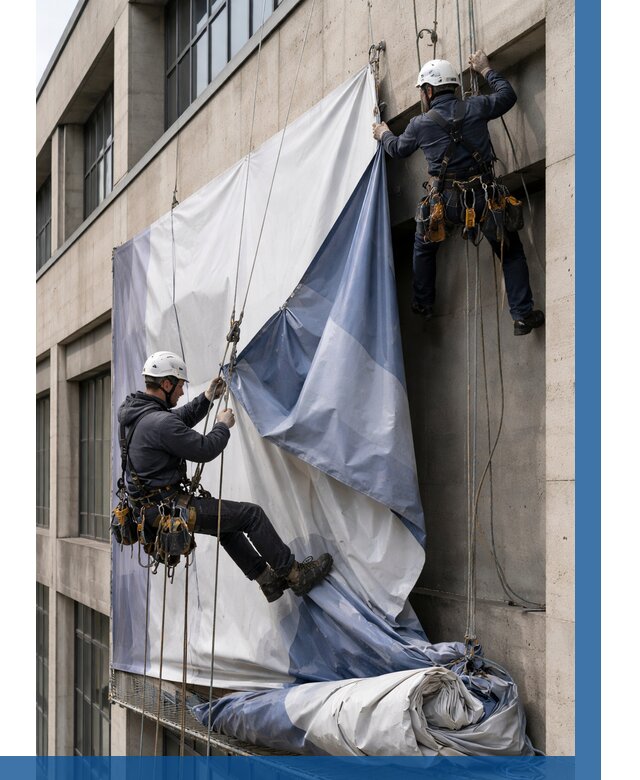 Демонтаж баннеров с фасада в Сосногорске от 4642 р. | ВЫСОТНИК-Сно