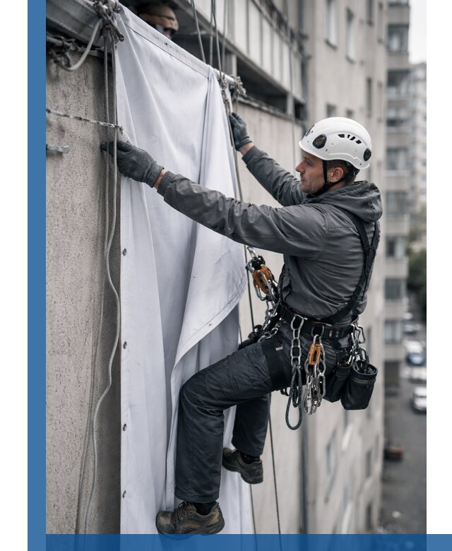 Замена баннерного полотна промышленными альпинистами в Сосногорске