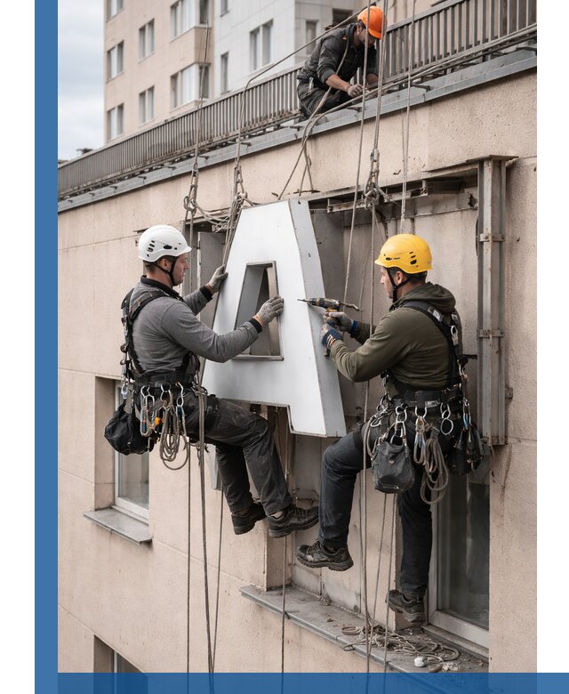 Ремонт и восстановление наружных вывесок на высоте в Сосногорске