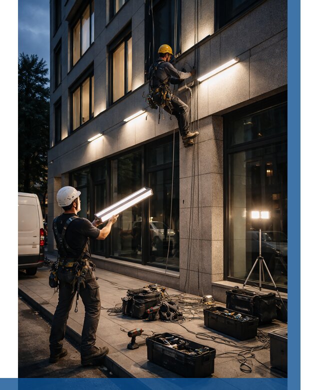 Монтаж архитектурной подсветки здания в Сосногорске от 2579 р.|ВЫСОТНИК-Сно