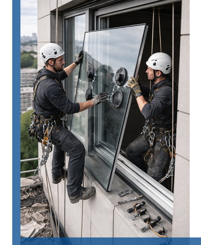 Замена стеклопакетов на высоте с промышленными альпинистами в Сосногорске