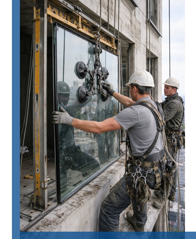 Монтаж стеклопакетов на высоте в Сосногорске с промышленным альпинизмом