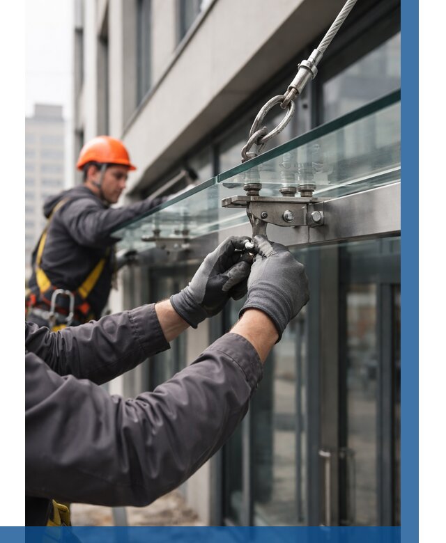 Монтаж стеклянных козырьков в Сосногорске от 8769 р. | ВЫСОТНИК-Сно