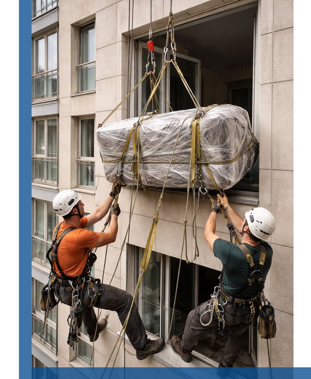 Подъем грузов через окно в Сосногорске промышленными альпинистами