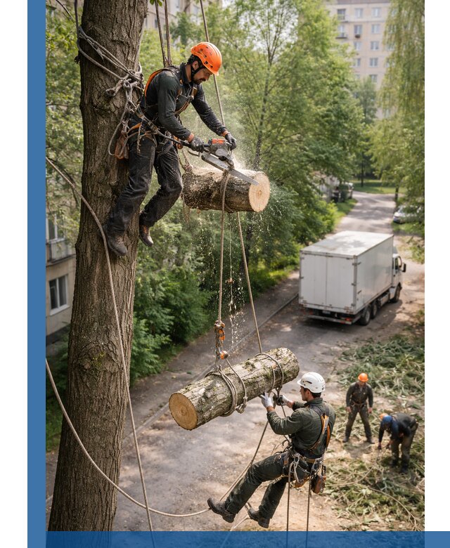 Спил деревьев альпинистами в Сосногорске, безопасно и без повреждений